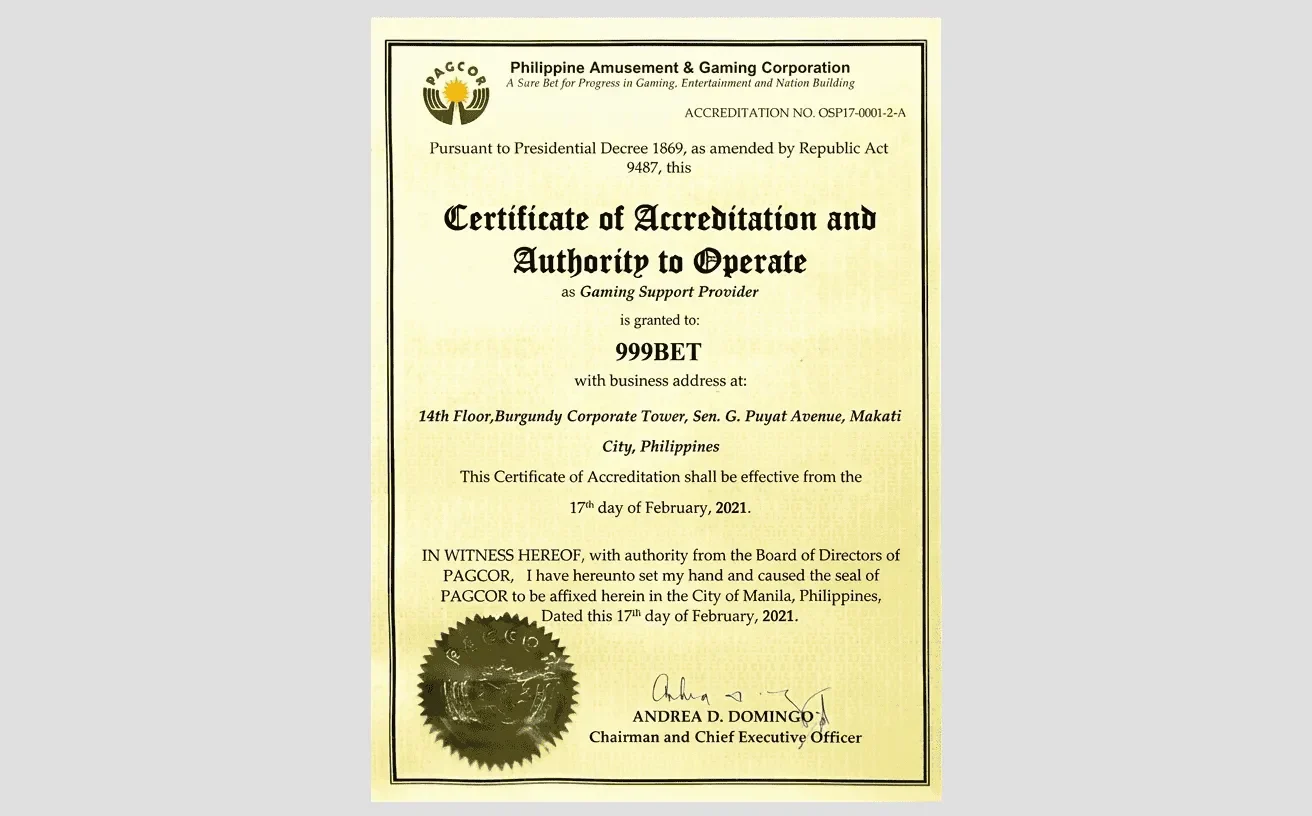 Trang chủ 45 Giấy phép chứng nhận 999BET